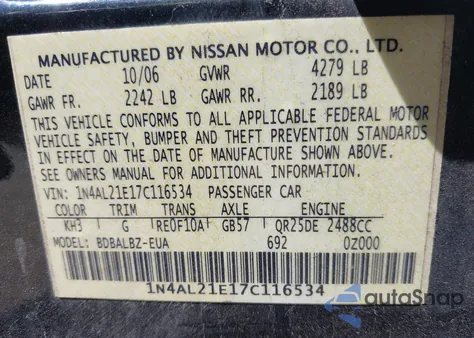 2007 Nissan Altima 2.5 S from USA, damaged, VIN 1N4AL21E17C116534